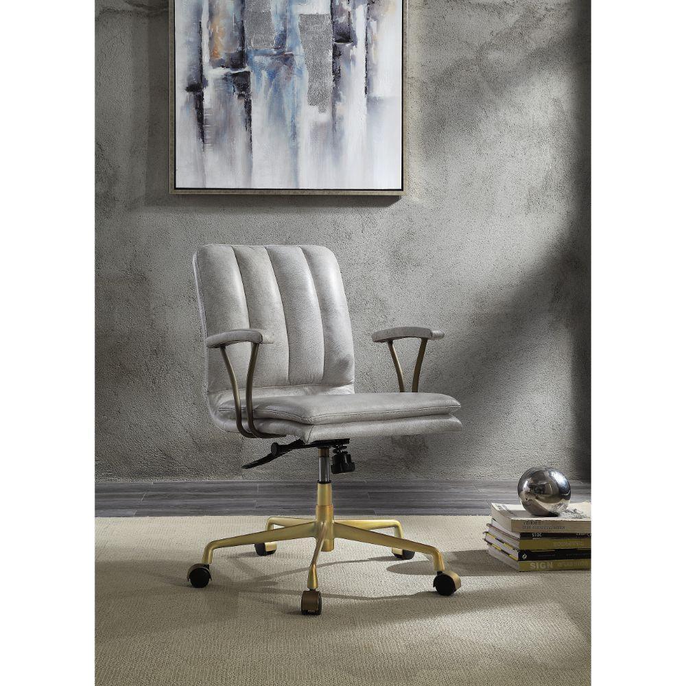 ACME Damir Office Chair, Vintage White Top Grain Leather & Chrome FredCo