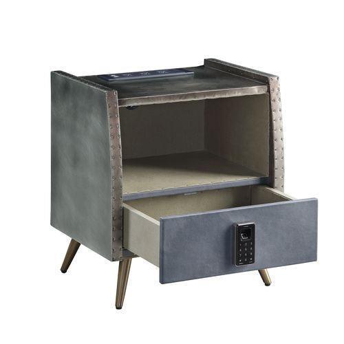 ACME Doris Nightstand w/USB Port & Electric Lock, Gray Top Grain Leather & Aluminum FredCo