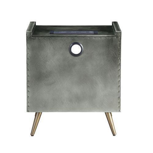 ACME Doris Nightstand w/USB Port & Electric Lock, Gray Top Grain Leather & Aluminum FredCo