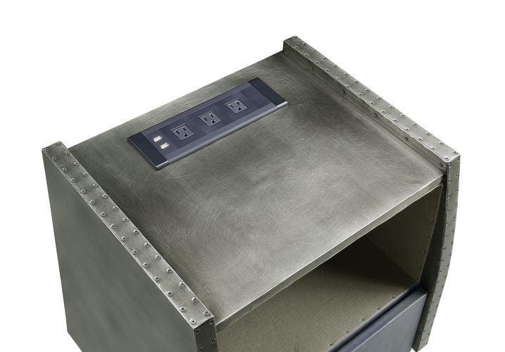 ACME Doris Nightstand w/USB Port & Electric Lock, Gray Top Grain Leather & Aluminum FredCo