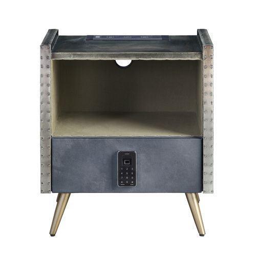 ACME Doris Nightstand w/USB Port & Electric Lock, Gray Top Grain Leather & Aluminum FredCo