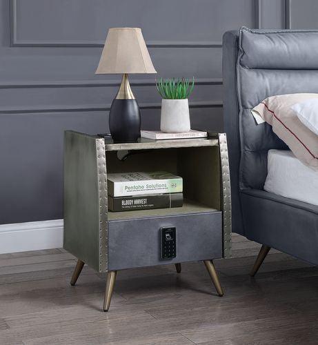 ACME Doris Nightstand w/USB Port & Electric Lock, Gray Top Grain Leather & Aluminum FredCo