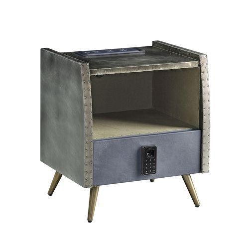 ACME Doris Nightstand w/USB Port & Electric Lock, Gray Top Grain Leather & Aluminum FredCo