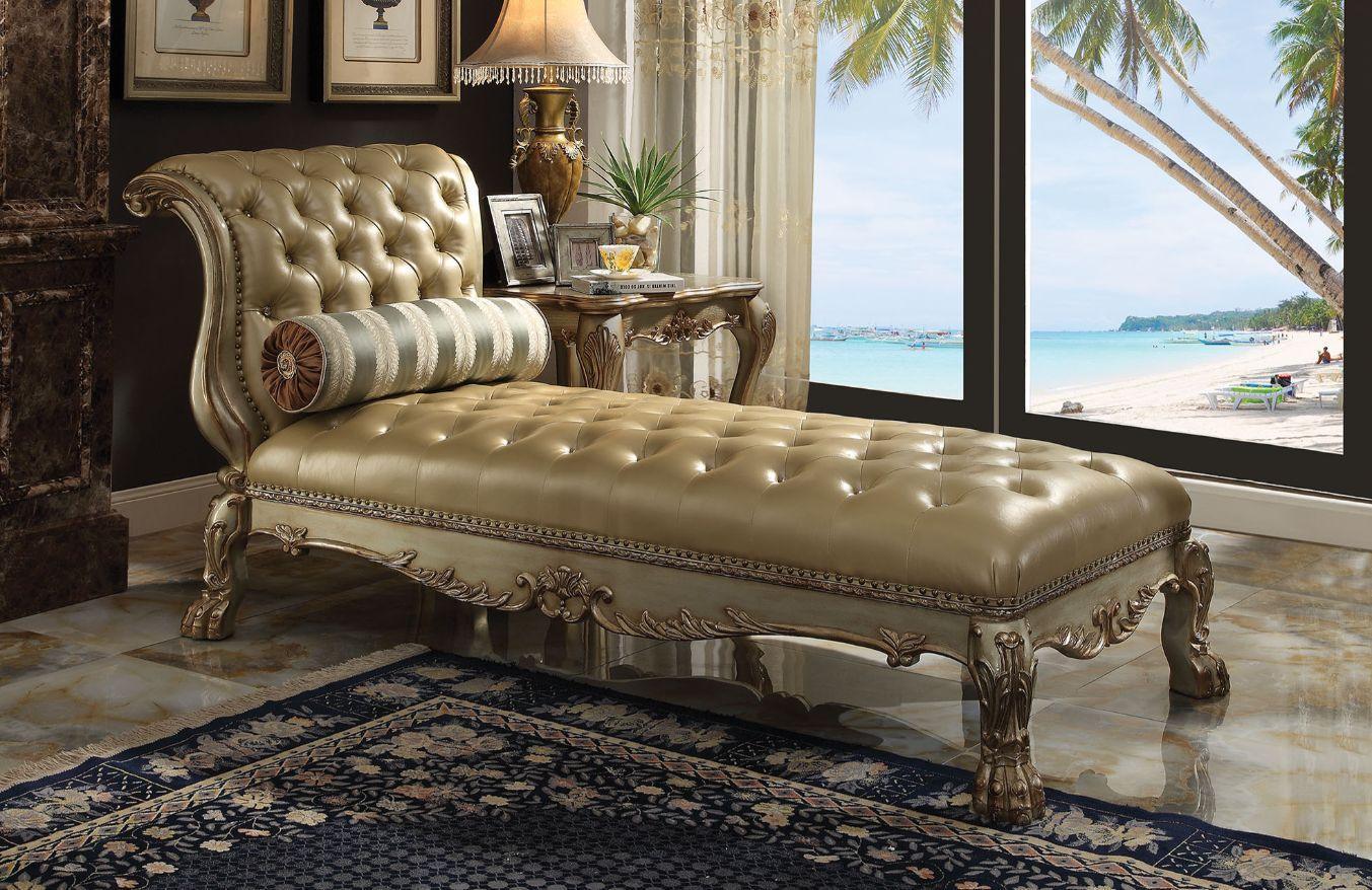 ACME Dresden Chaise w/1 Pillow, Bone PU & Gold Patina FredCo