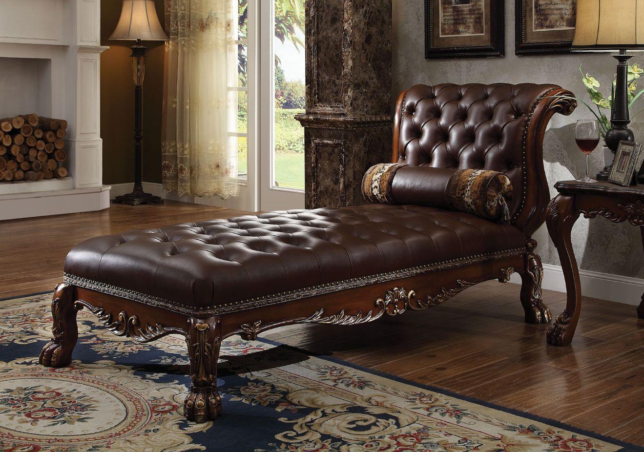 ACME Dresden Chaise w/1 Pillow, PU & Cherry Oak FredCo