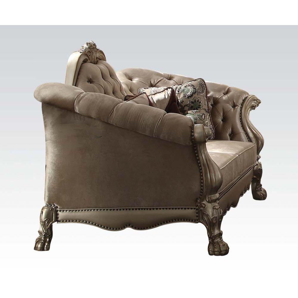 ACME Dresden Loveseat w/5 Pillows, Bone Velvet & Gold Patina FredCo