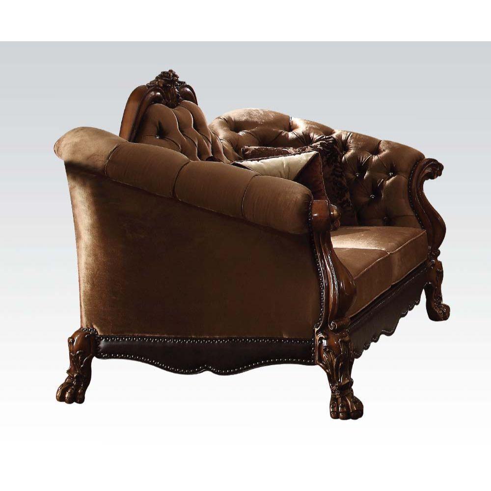 ACME Dresden Loveseat w/5 Pillows, Golden Brown Velvet & Cherry Oak FredCo
