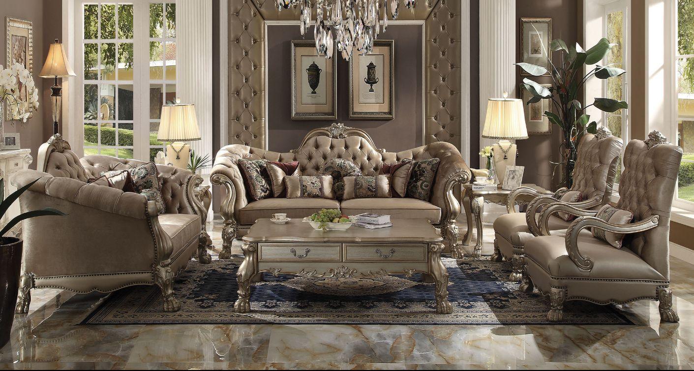 ACME Dresden Sofa w/7 Pillows, Bone Velvet & Gold Patina FredCo