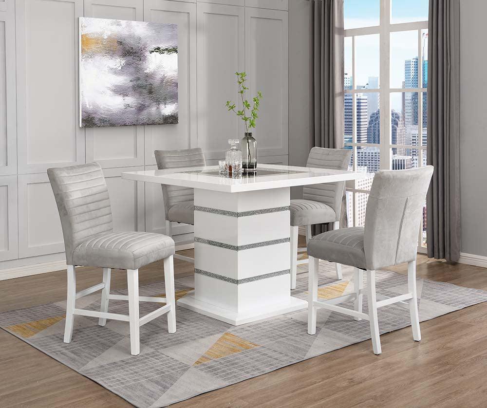 ACME Elizaveta Counter Height Table, Gray Velvet, Faux Crystal Diamonds &White High Gloss Finish FredCo