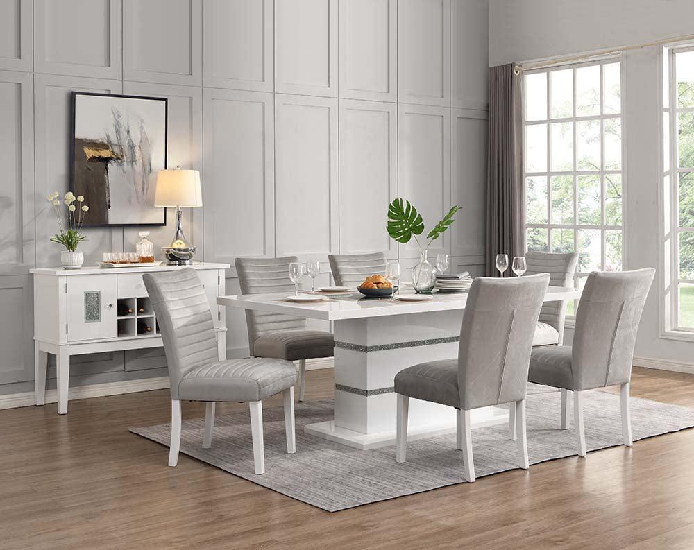 ACME Elizaveta Dining Table, Gray Velvet, Faux Crystal Diamonds &White High Gloss Finish FredCo
