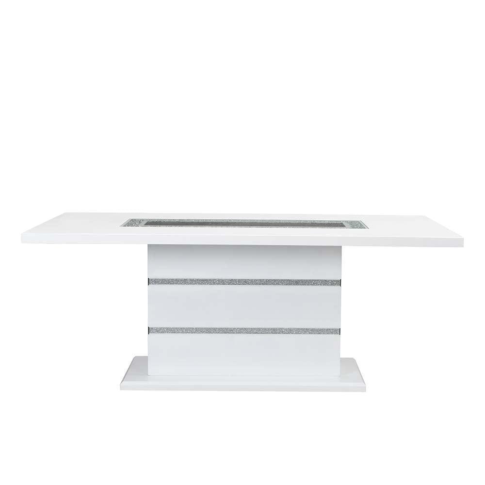 ACME Elizaveta Dining Table, Gray Velvet, Faux Crystal Diamonds &White High Gloss Finish FredCo