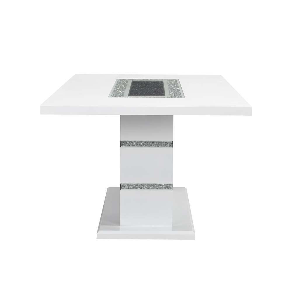 ACME Elizaveta Dining Table, Gray Velvet, Faux Crystal Diamonds &White High Gloss Finish FredCo