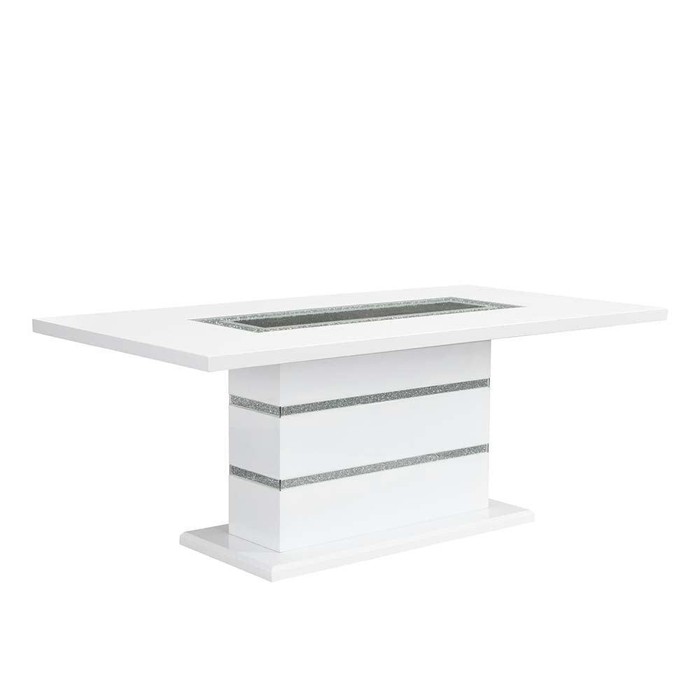 ACME Elizaveta Dining Table, Gray Velvet, Faux Crystal Diamonds &White High Gloss Finish FredCo
