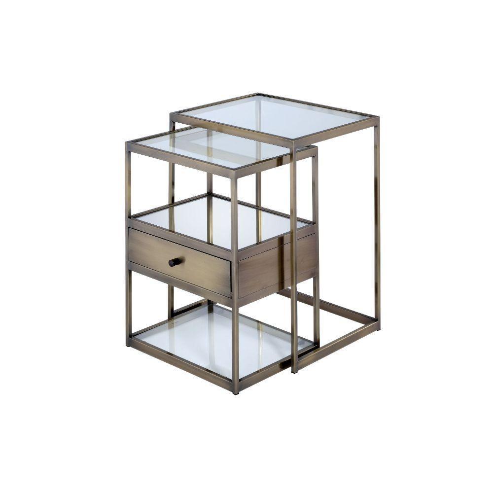 ACME Enca 2Pc Pack Nesting Tables Set, Antique Brass & Clear Glass FredCo
