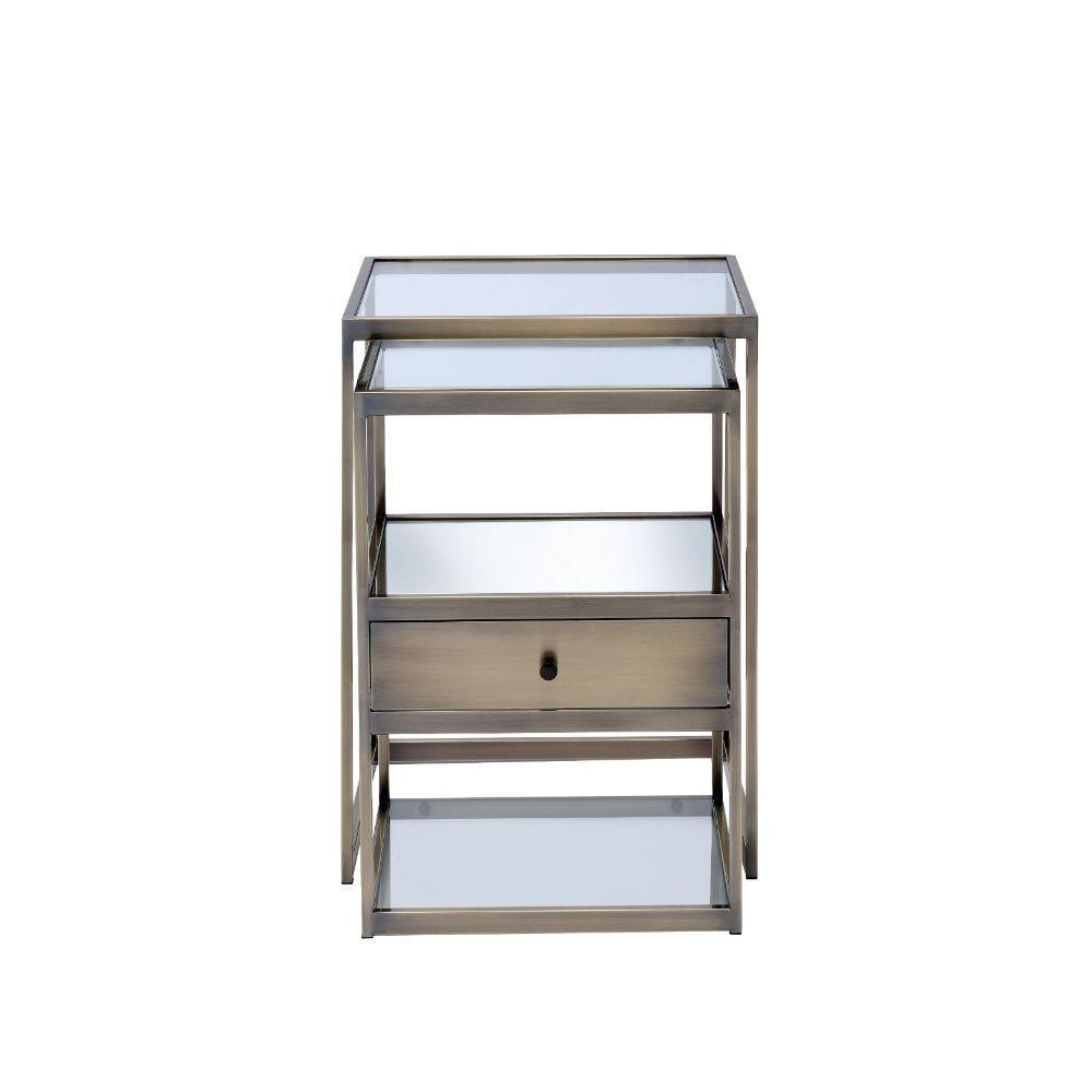 ACME Enca 2Pc Pack Nesting Tables Set, Antique Brass & Clear Glass FredCo