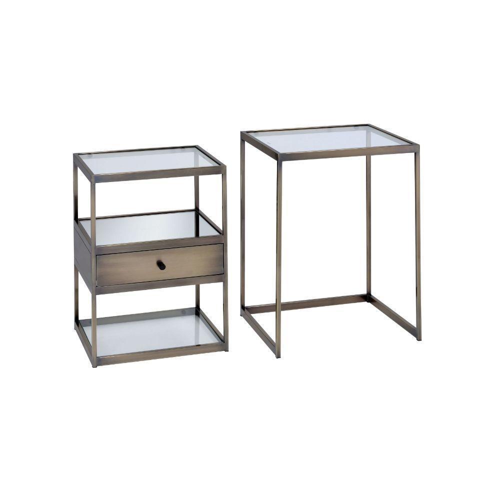 ACME Enca 2Pc Pack Nesting Tables Set, Antique Brass & Clear Glass FredCo