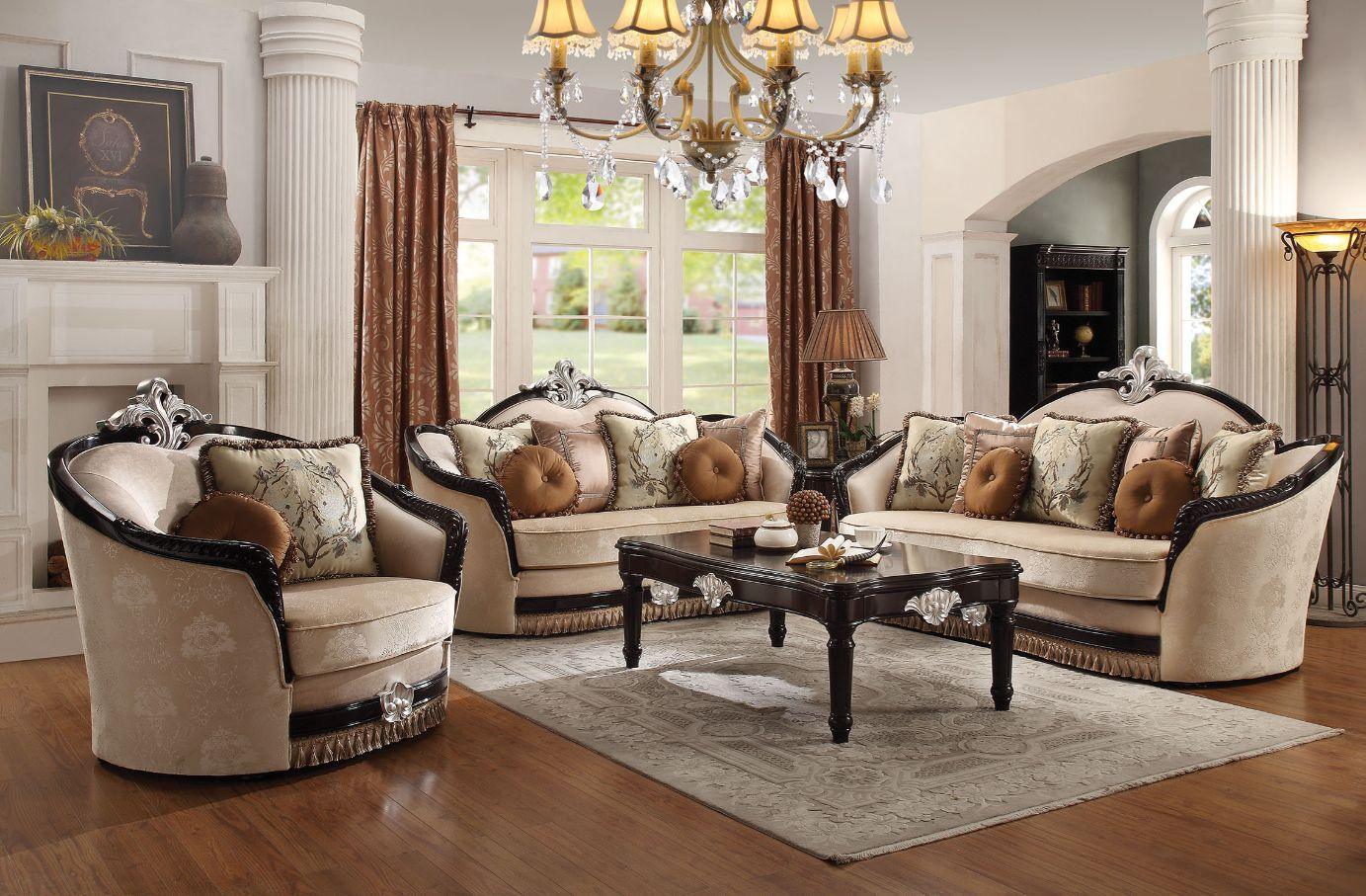 ACME Ernestine Sofa w/7 Pillows, Tan Fabric & Black FredCo