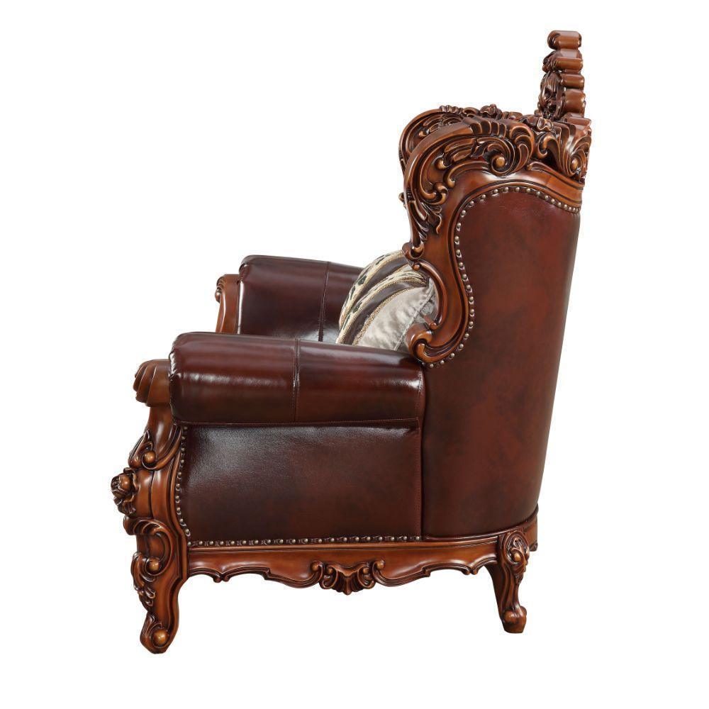 ACME Eustoma Loveseat w/2 Pillows, Cherry Top Grain Leather Match & Walnut 53066 FredCo