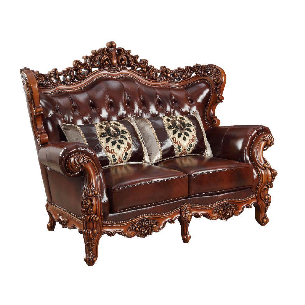 ACME Eustoma Loveseat w/2 Pillows, Cherry Top Grain Leather Match & Walnut 53066 FredCo