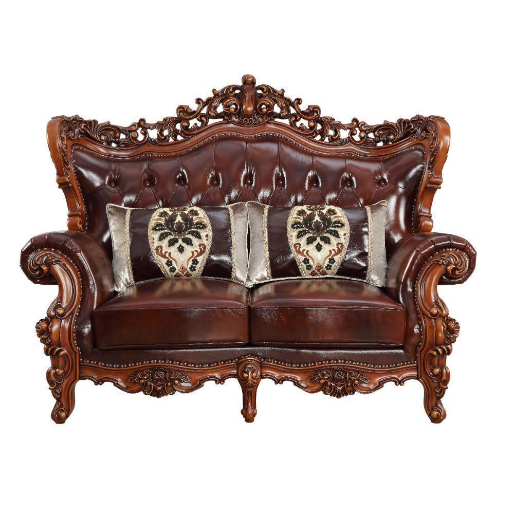 ACME Eustoma Loveseat w/2 Pillows, Cherry Top Grain Leather Match & Walnut 53066 FredCo