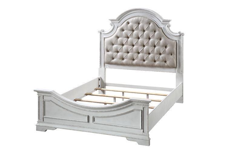 ACME Florian Queen Bed , Beige PU & Antique White Finish FredCo