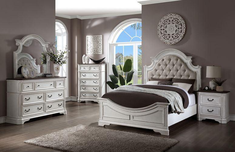 ACME Florian Queen Bed , Beige PU & Antique White Finish FredCo