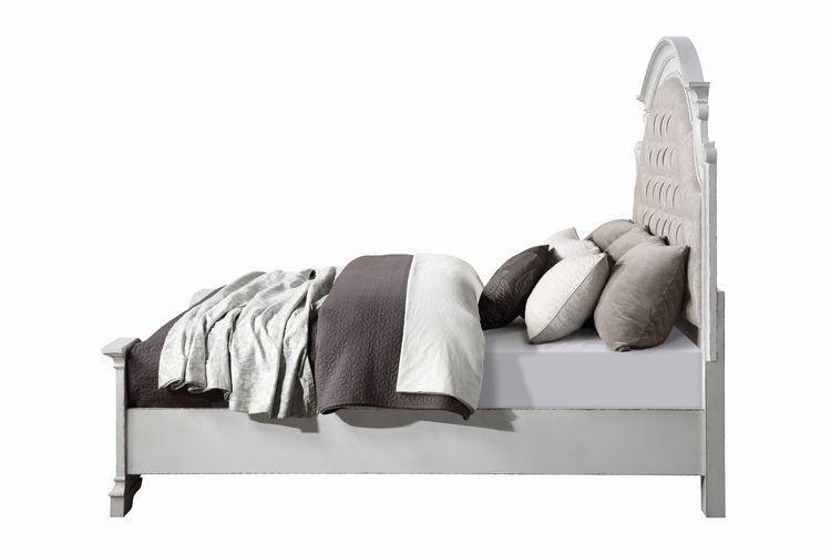 ACME Florian Queen Bed , Beige PU & Antique White Finish FredCo