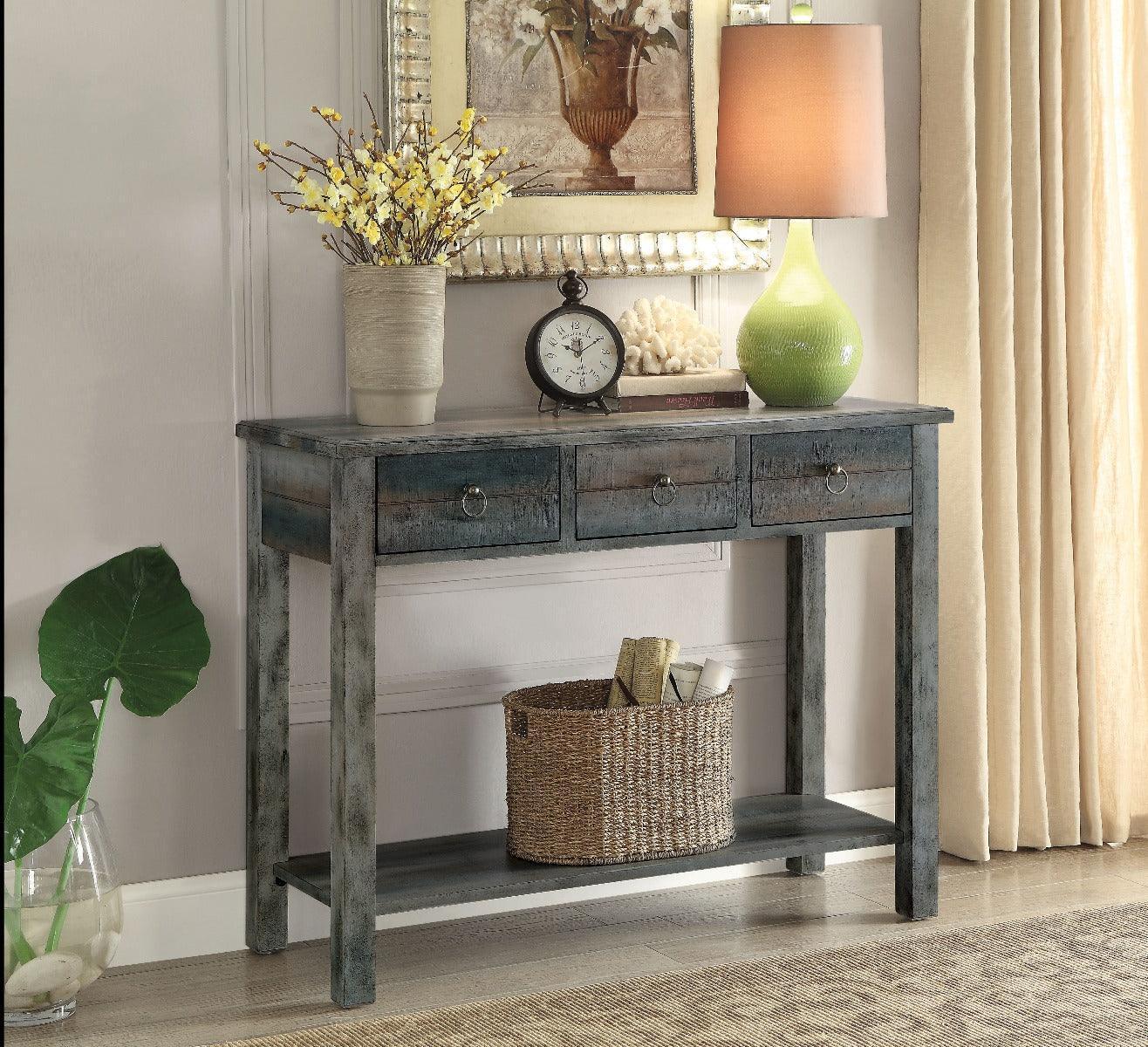 ACME Glancio Console Table, Antique Gray & Teal FredCo