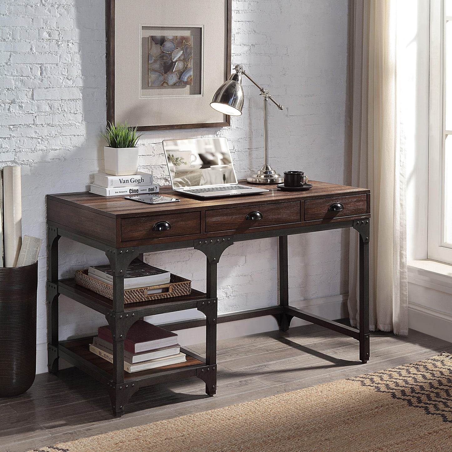 ACME Gorden Writing Desk, Espresso Oak Finish & Antique Black Metal FredCo