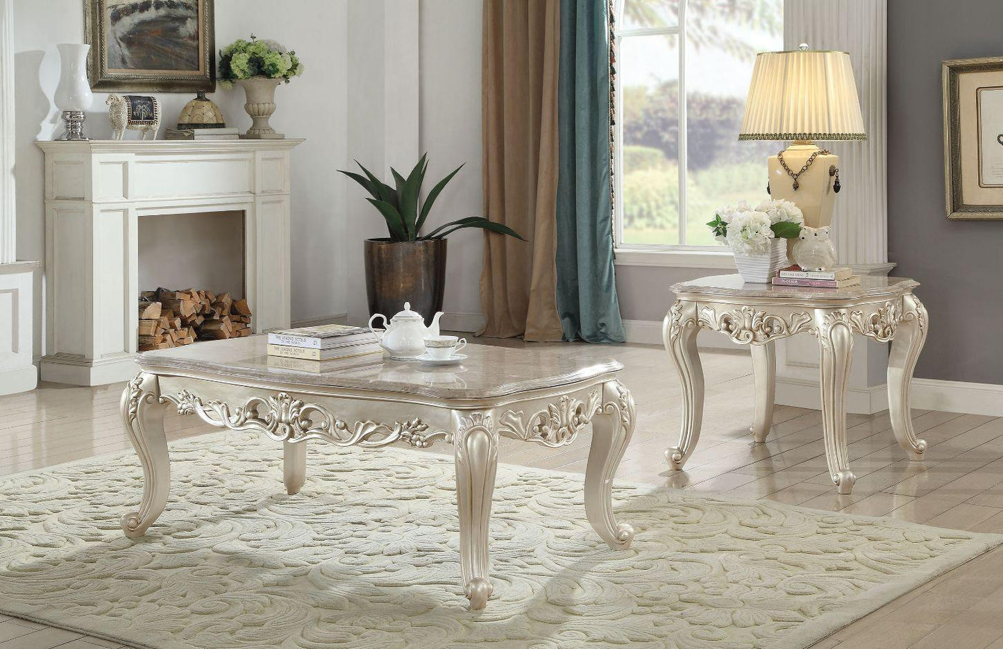 ACME Gorsedd Coffee Table w/Marble Top, Marble & Antique White FredCo