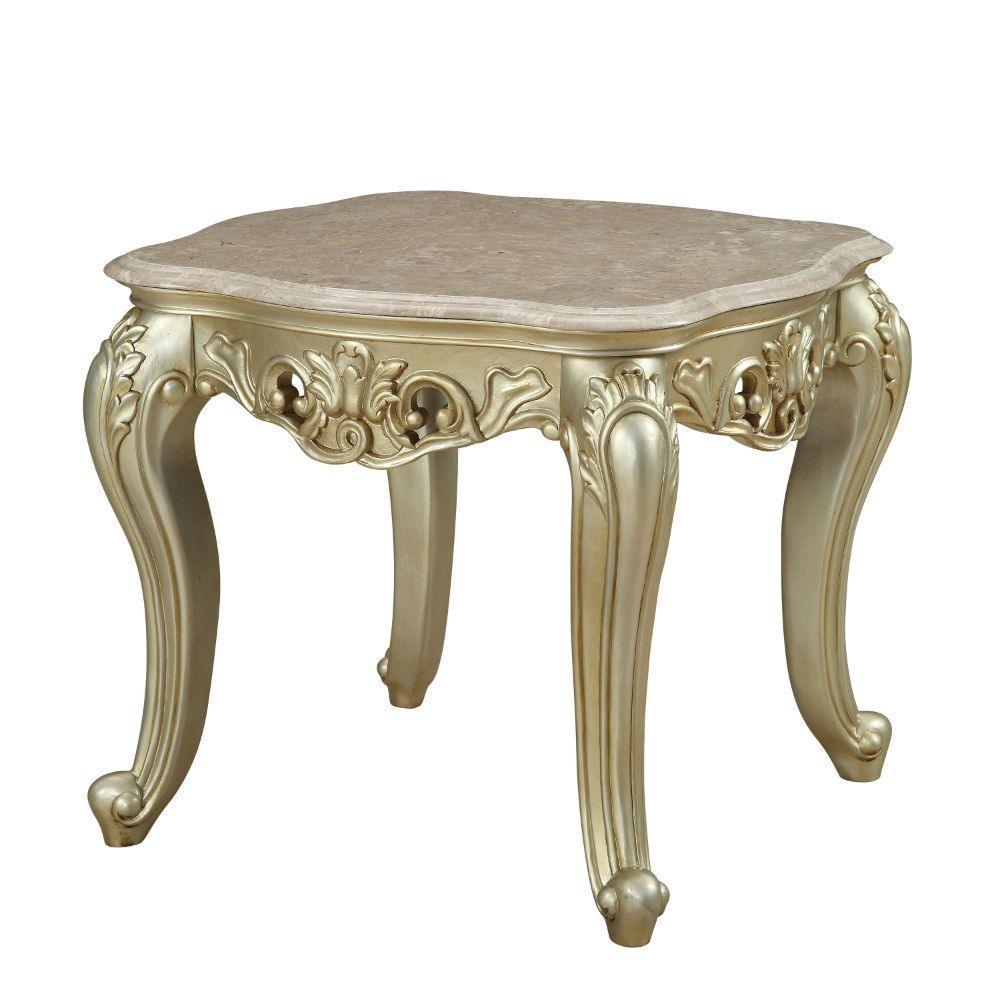 ACME Gorsedd End Table w/Marble Top, Marble & Antique White FredCo