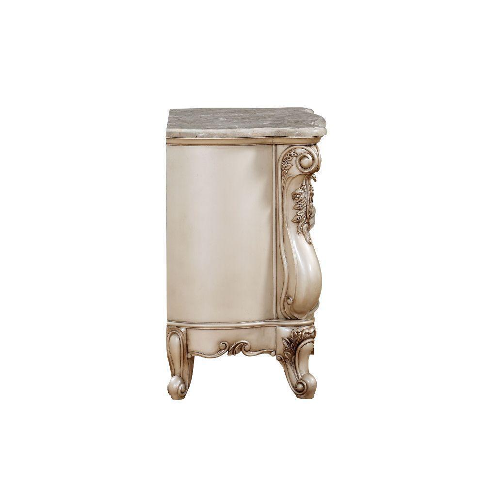 ACME Gorsedd Nightstand w/Marble Top, Marble & Antique White FredCo