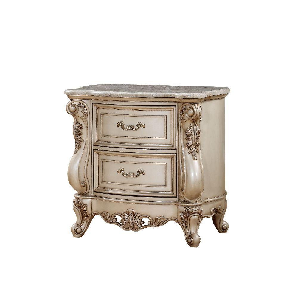 ACME Gorsedd Nightstand w/Marble Top, Marble & Antique White FredCo