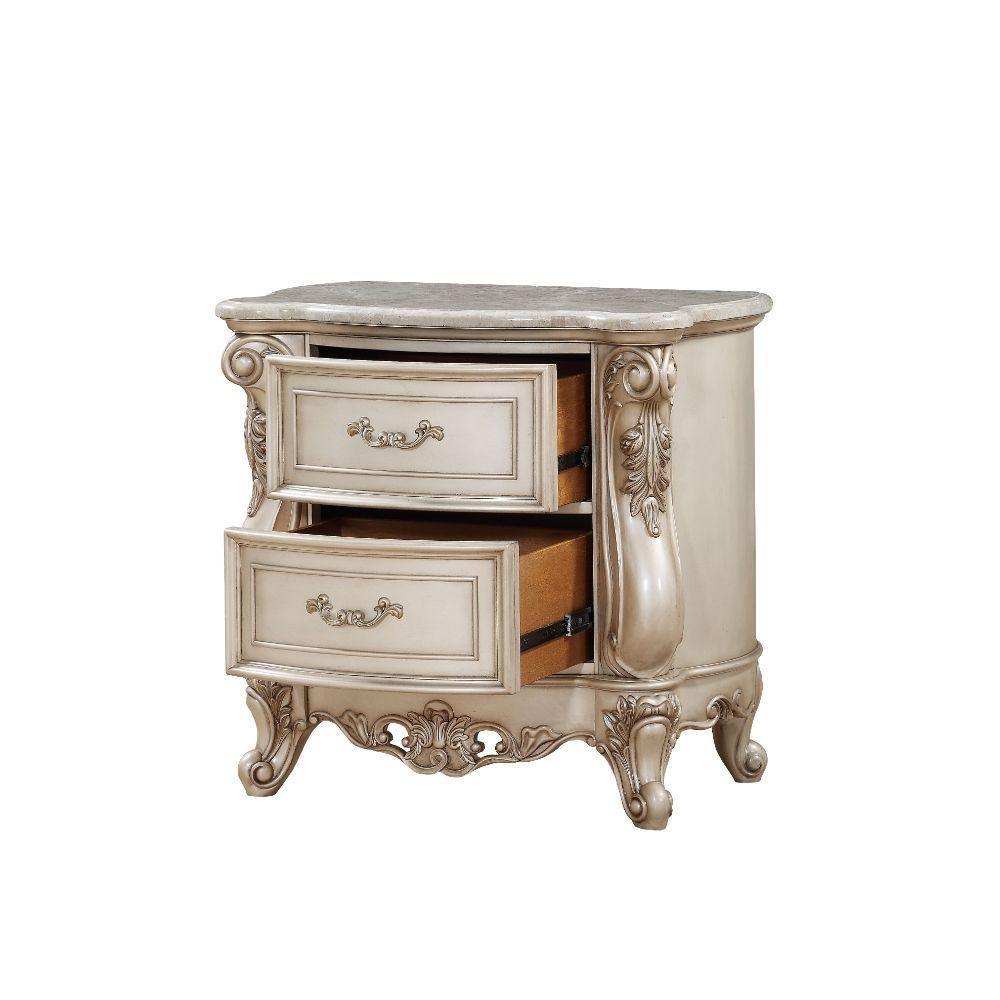 ACME Gorsedd Nightstand w/Marble Top, Marble & Antique White FredCo