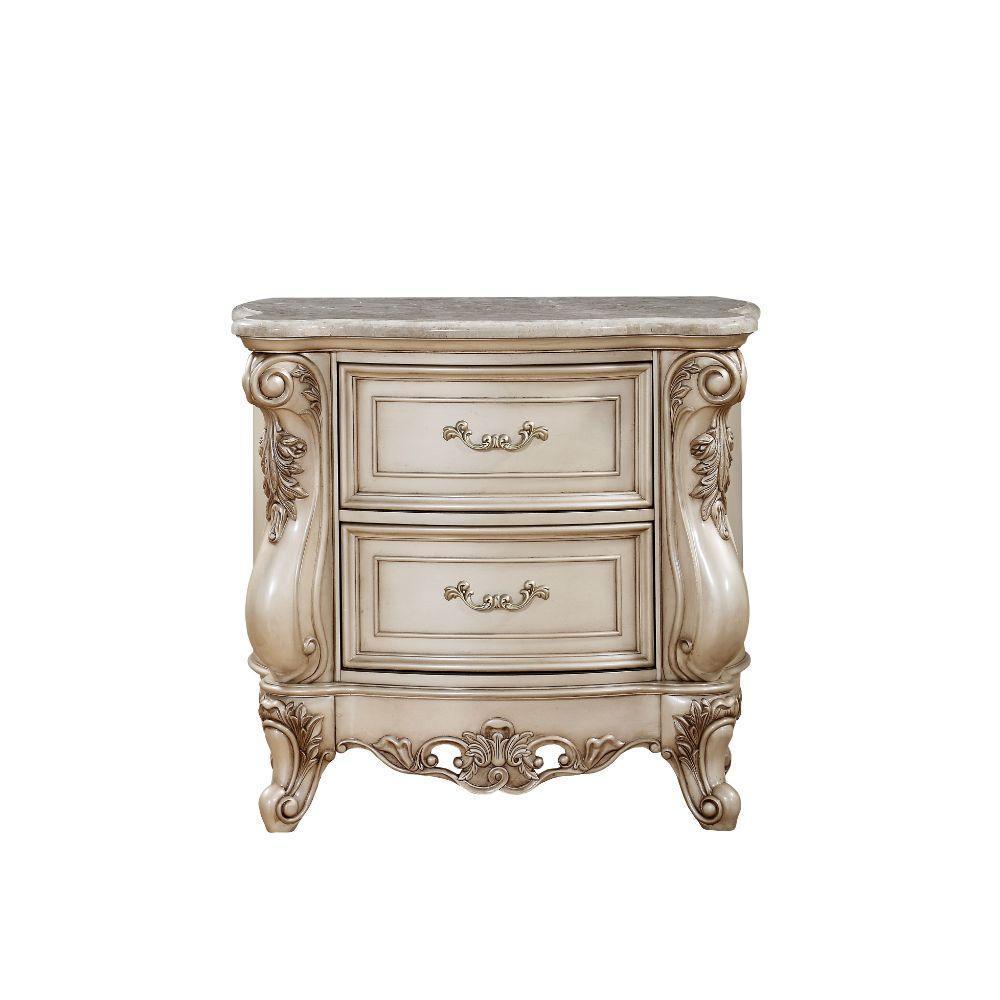 ACME Gorsedd Nightstand w/Marble Top, Marble & Antique White FredCo