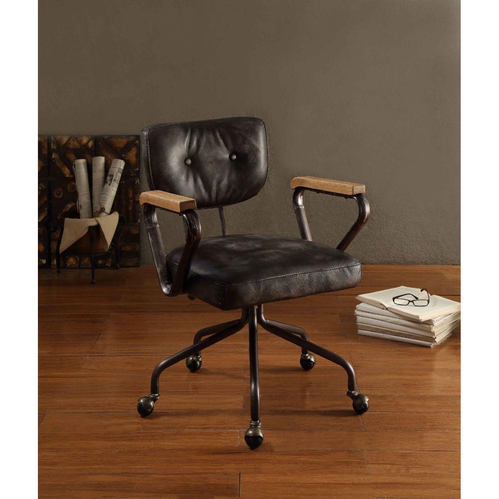 ACME Hallie Executive Office Chair, Vintage Black Top Grain Leather FredCo