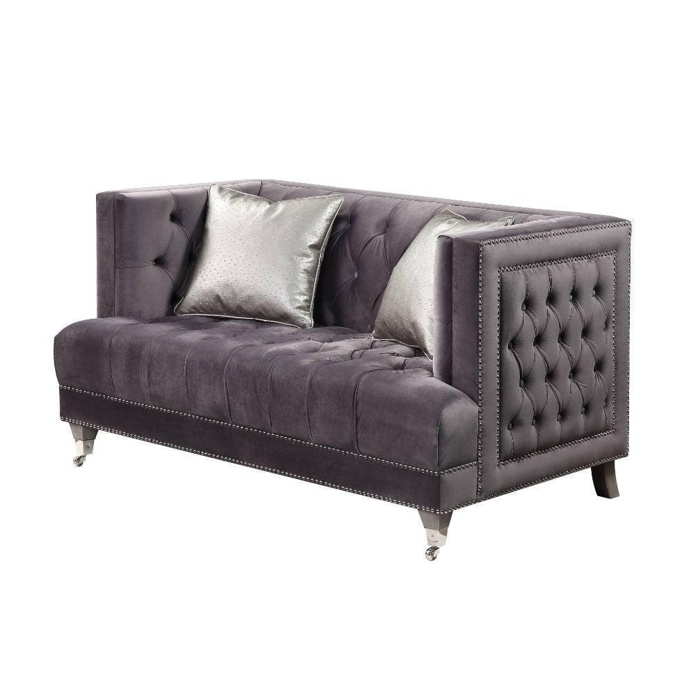 ACME Hegio Loveseat w/2 Pillows, Gray Velvet FredCo