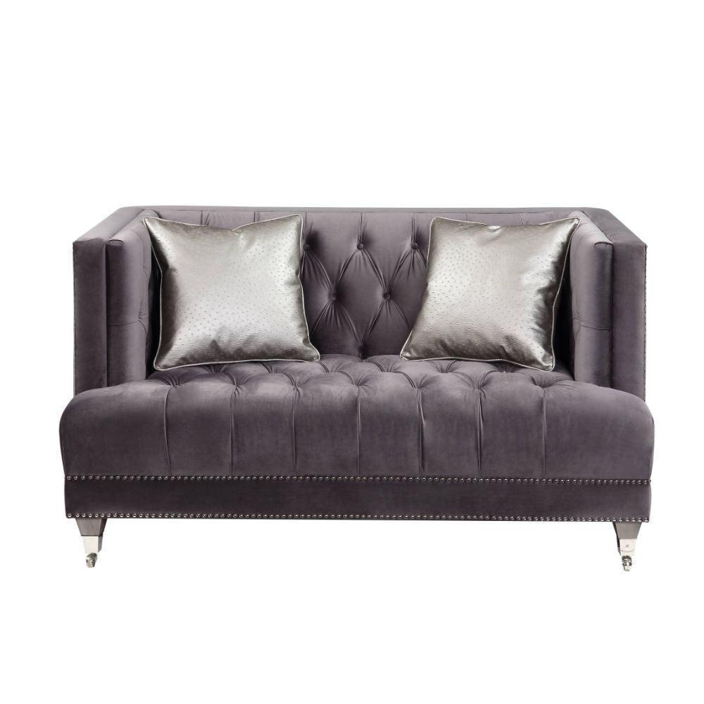 ACME Hegio Loveseat w/2 Pillows, Gray Velvet FredCo
