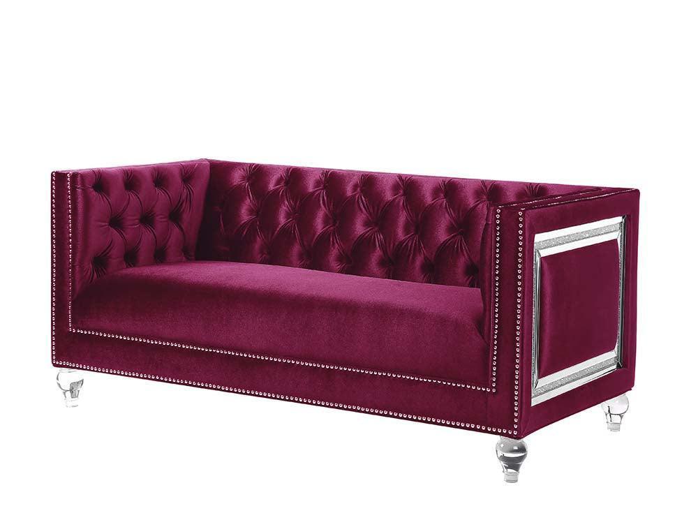 ACME Heibero Loveseat w/2 Pillows, Burgundy Velvet FredCo