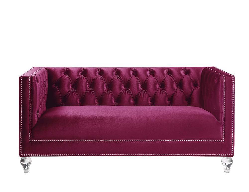 ACME Heibero Loveseat w/2 Pillows, Burgundy Velvet FredCo