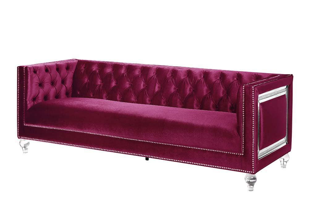 ACME Heibero Sofa w/2 Pillows, Burgundy Velvet FredCo