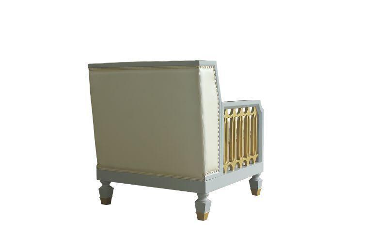 ACME House Marchese Chair w/Pillow, Pearl White PU, Two Tone Beige Fabric, Gold & Pearl Gray Finish FredCo
