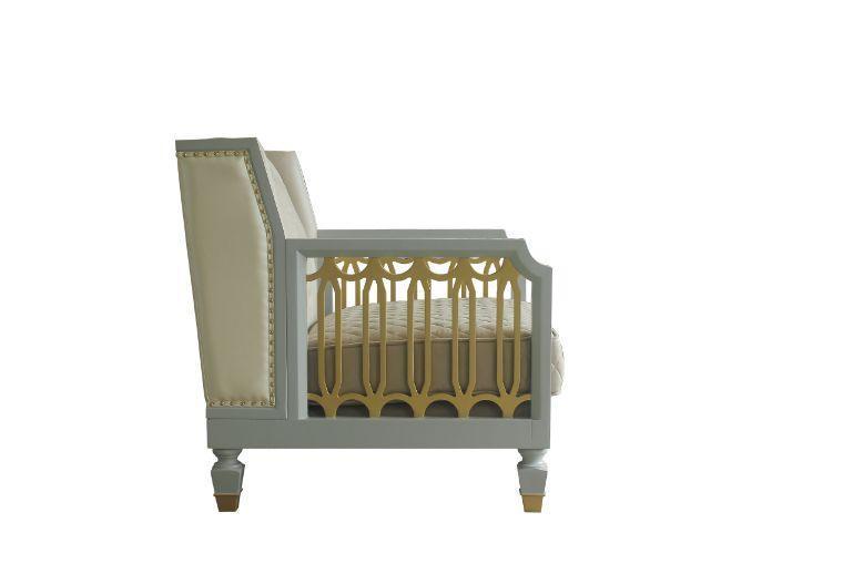 ACME House Marchese Chair w/Pillow, Pearl White PU, Two Tone Beige Fabric, Gold & Pearl Gray Finish FredCo