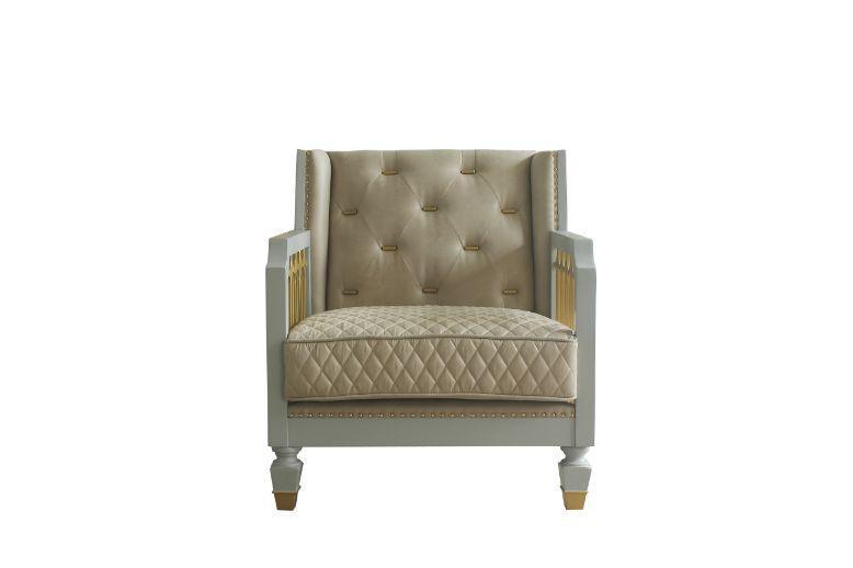 ACME House Marchese Chair w/Pillow, Pearl White PU, Two Tone Beige Fabric, Gold & Pearl Gray Finish FredCo