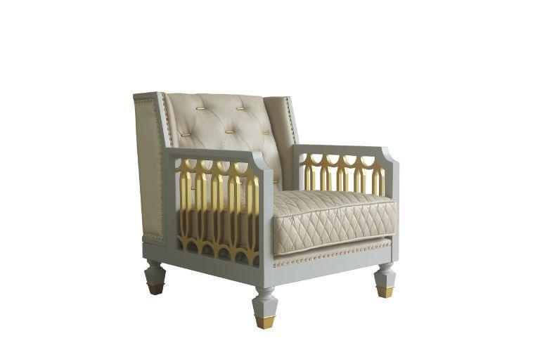 ACME House Marchese Chair w/Pillow, Pearl White PU, Two Tone Beige Fabric, Gold & Pearl Gray Finish FredCo