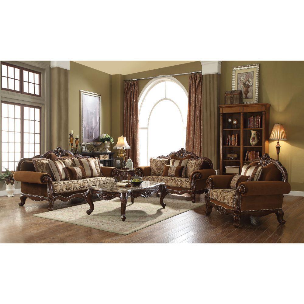 ACME Jardena Sofa w/6 Pillows, Fabric & Cherry Oak FredCo
