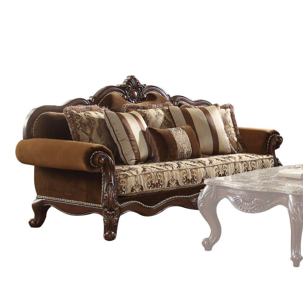 ACME Jardena Sofa w/6 Pillows, Fabric & Cherry Oak FredCo