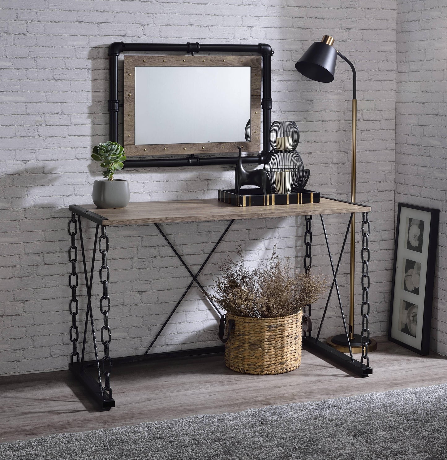 ACME Jodie Console Table, Rustic Oak & Antique Black Finish FredCo