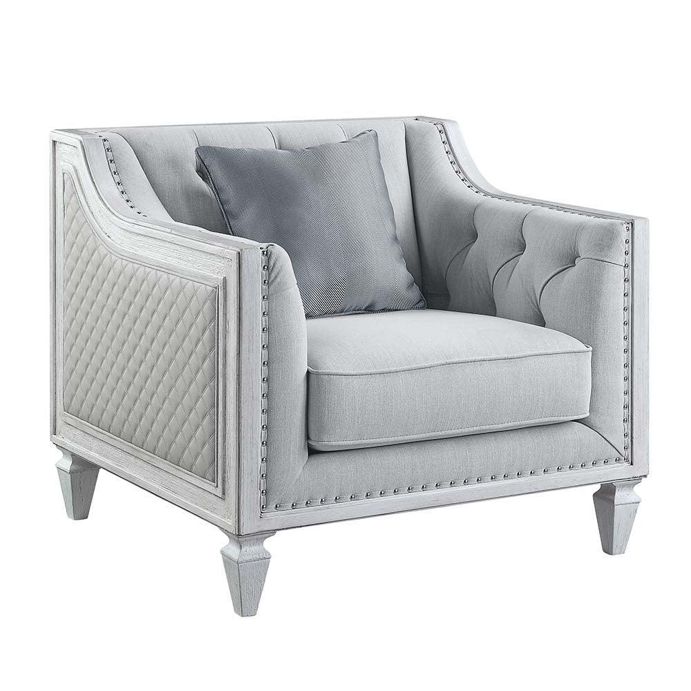ACME Katia Chair w/Pillow, Light Gray Linen & Weathered White Finish FredCo