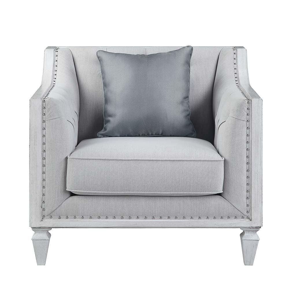 ACME Katia Chair w/Pillow, Light Gray Linen & Weathered White Finish FredCo